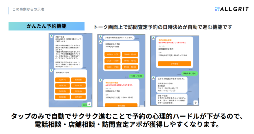 LINEのトーク画面上で候補日をタップして予約できる、かんたん予約の画面